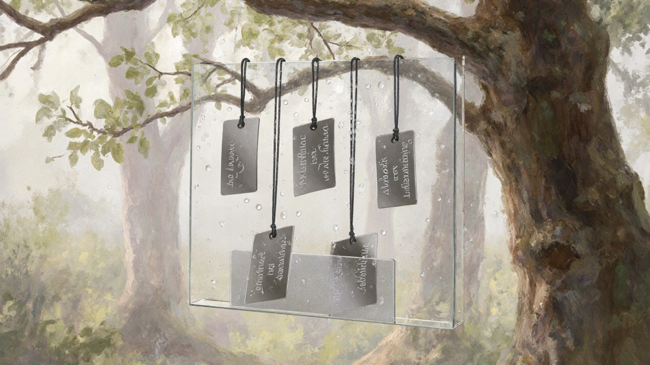 Aluminum name tags hanging from tree branches in a forest, glistening with morning dew.