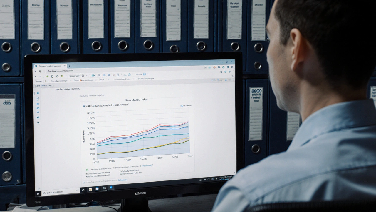 An agency officer reviewing financial records showing unexplained cash deposits on a computer screen.