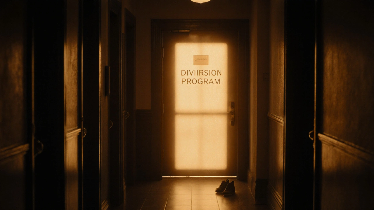 An empty courthouse hallway with one door glowing softly, suggesting a path to redemption after arrest.