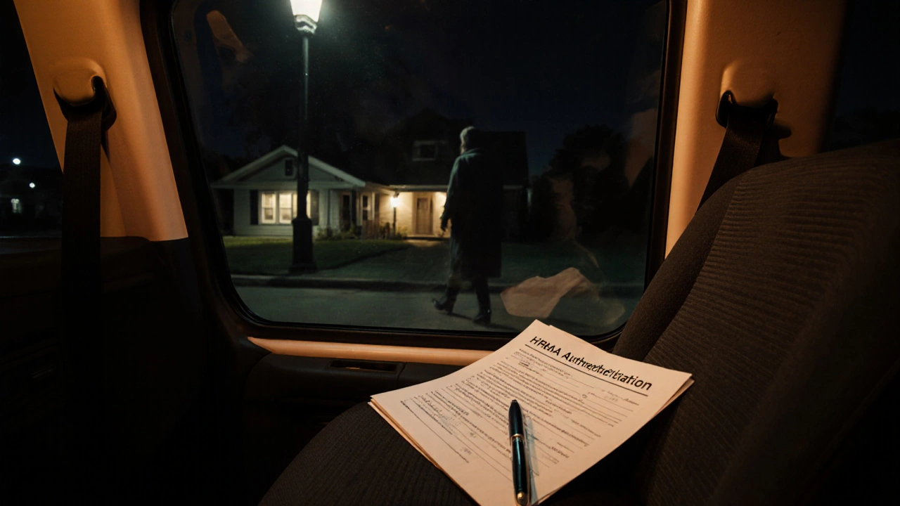 An empty medical transport van at night with a HIPAA form visible on the passenger seat.