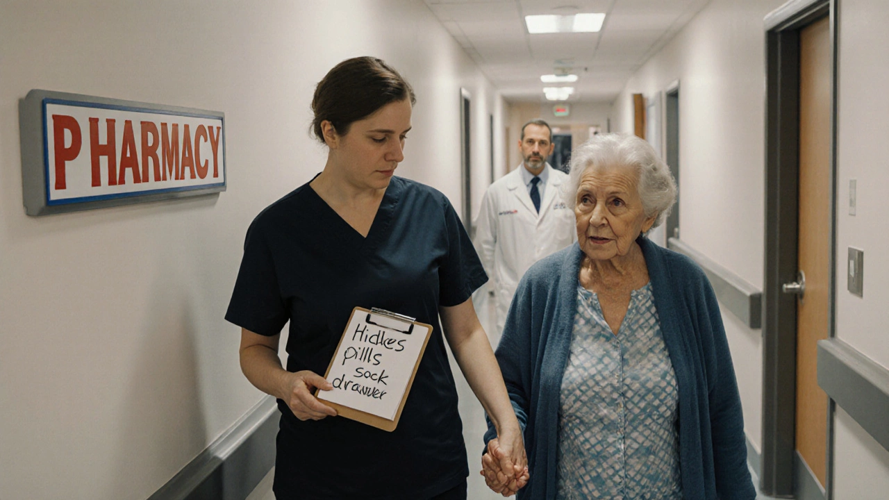 An escort walks calmly with an elderly woman past a pharmacy sign in a clinic hallway, offering quiet support.