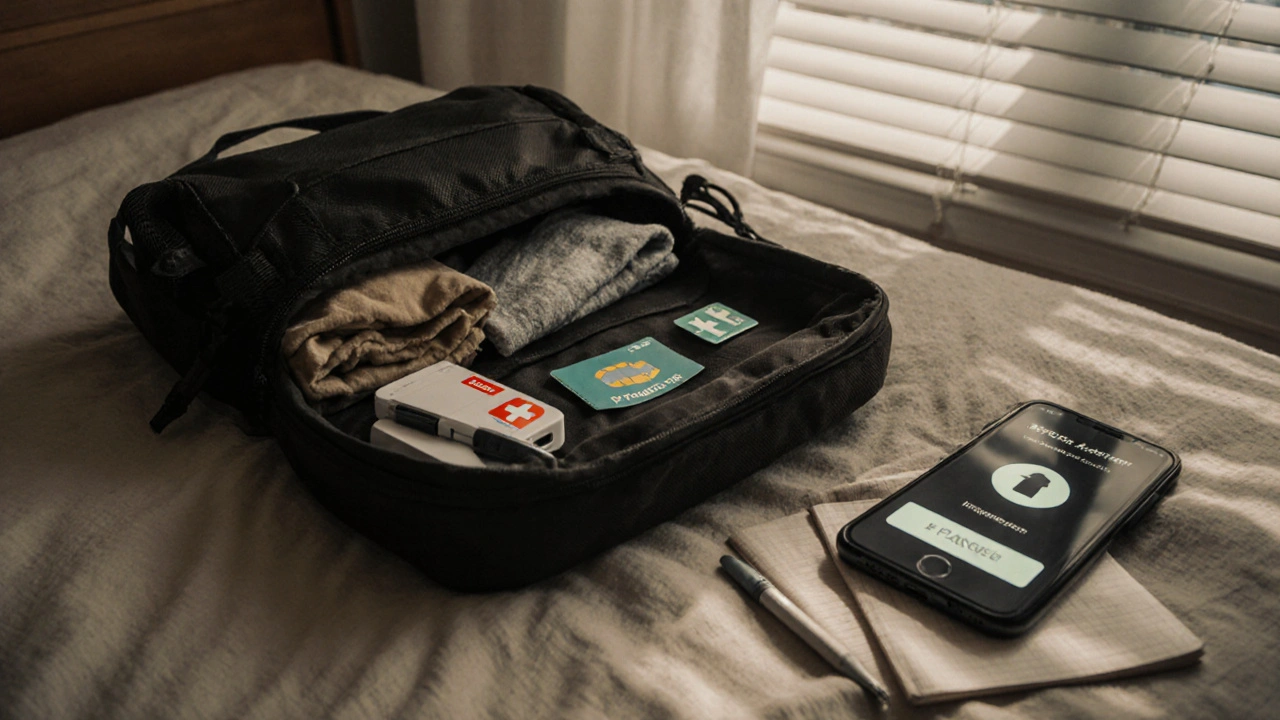 An open go-bag with emergency essentials: charger, SIM card, first-aid kit, notebook, and clothes.