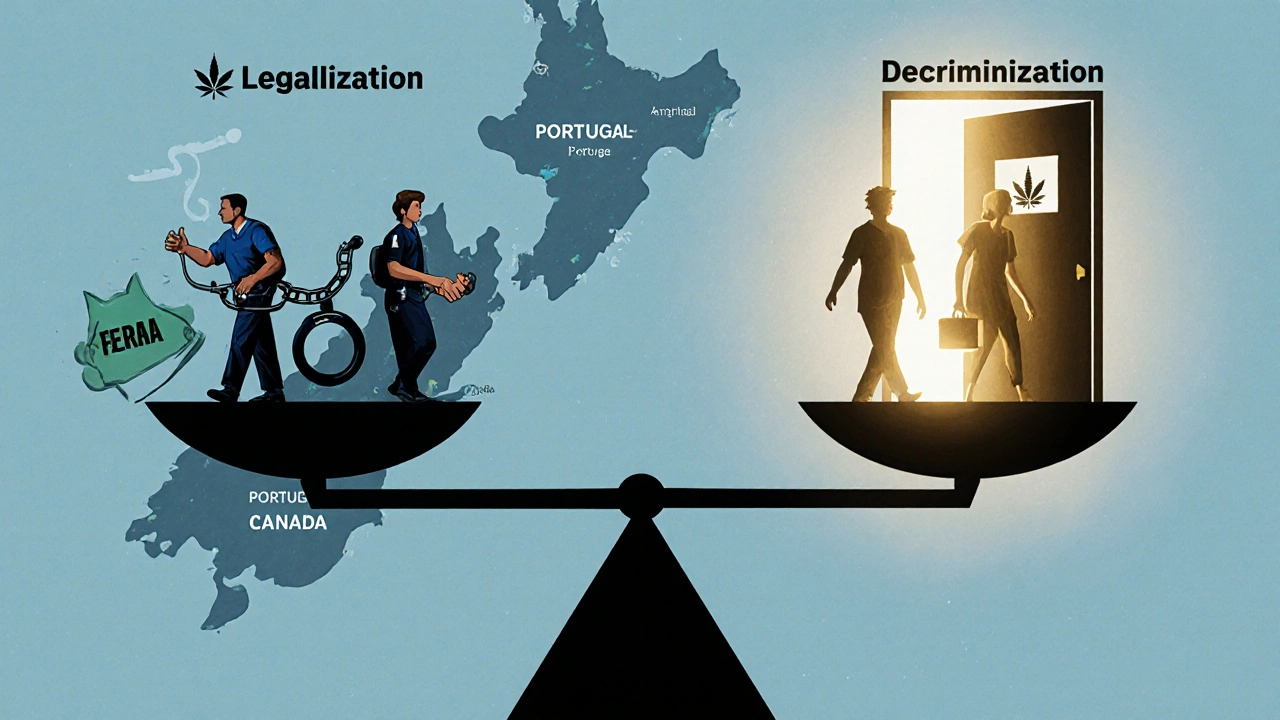 Balanced scale contrasting criminalization and decriminalization of sex work with symbolic elements.
