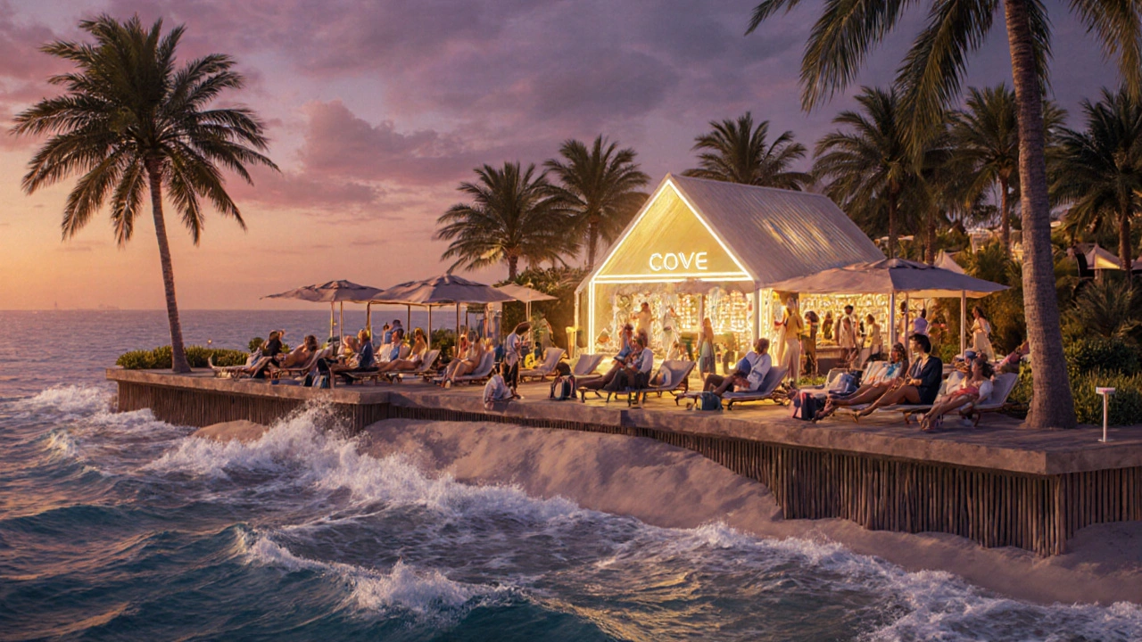 Beach club at dusk in Dubai with guests in elegant resort wear, DJ booth glowing softly, ocean in background.