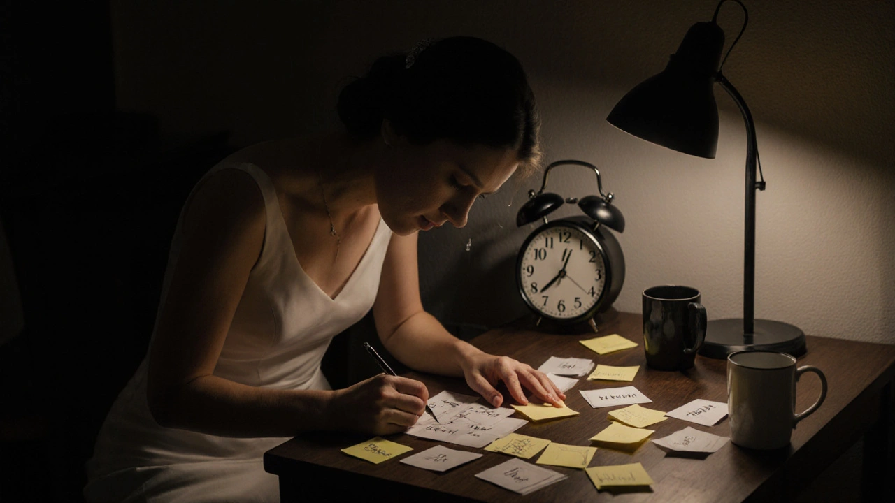 Bride handwriting guest names at 2 a.m. under a lamp, surrounded by sticky notes and coffee cups.