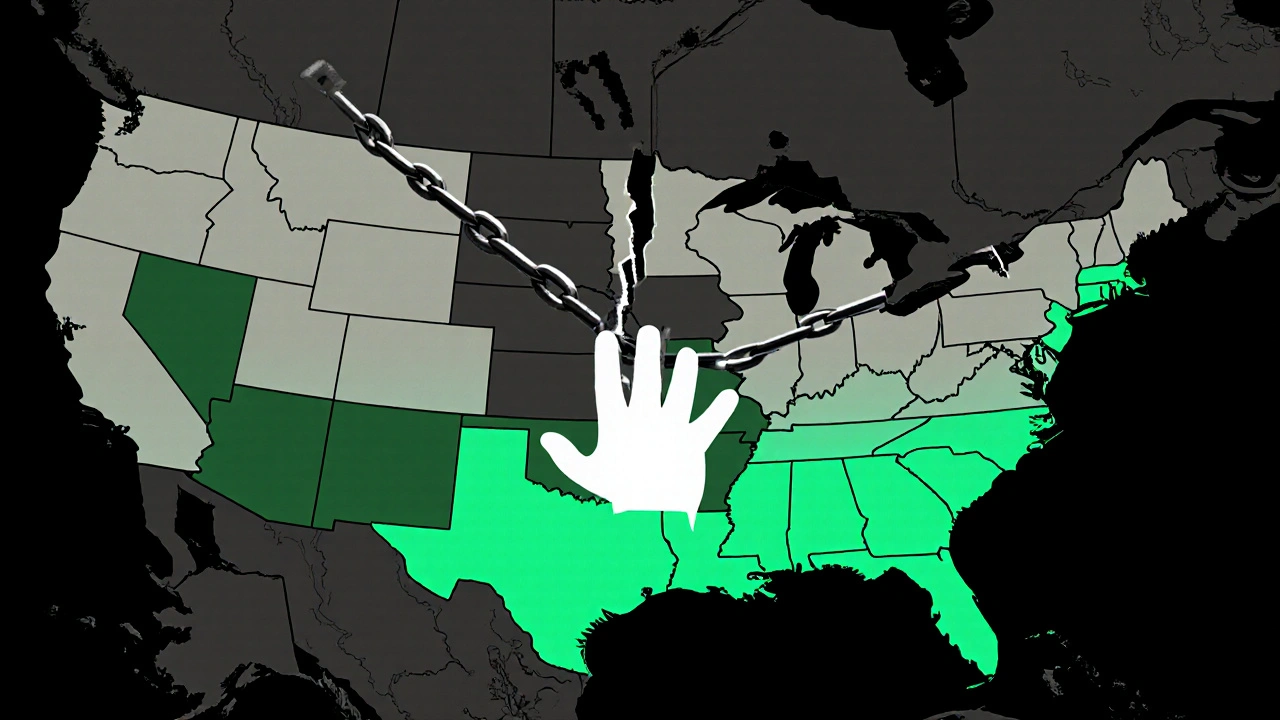 Broken chain over U.S. map with glowing states representing record clearance, dark states showing no options.