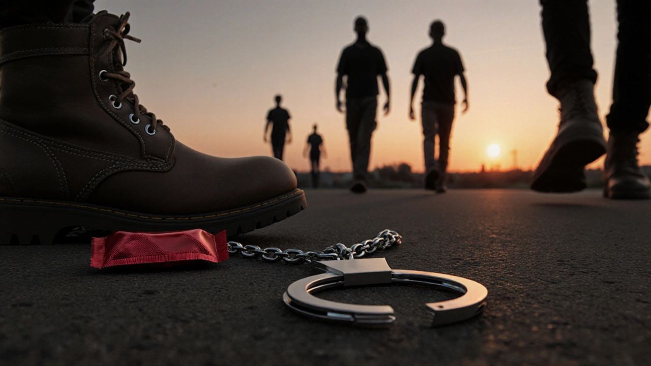 Broken handcuffs and a condom wrapper beside boots, symbolizing liberation from criminalization.