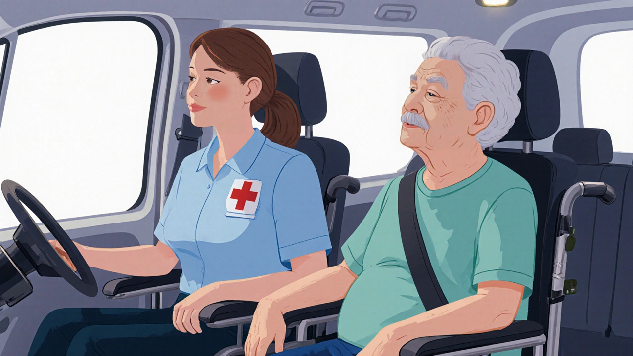 Calm medical escort sitting with a dementia patient in a clean, equipped van during transit.