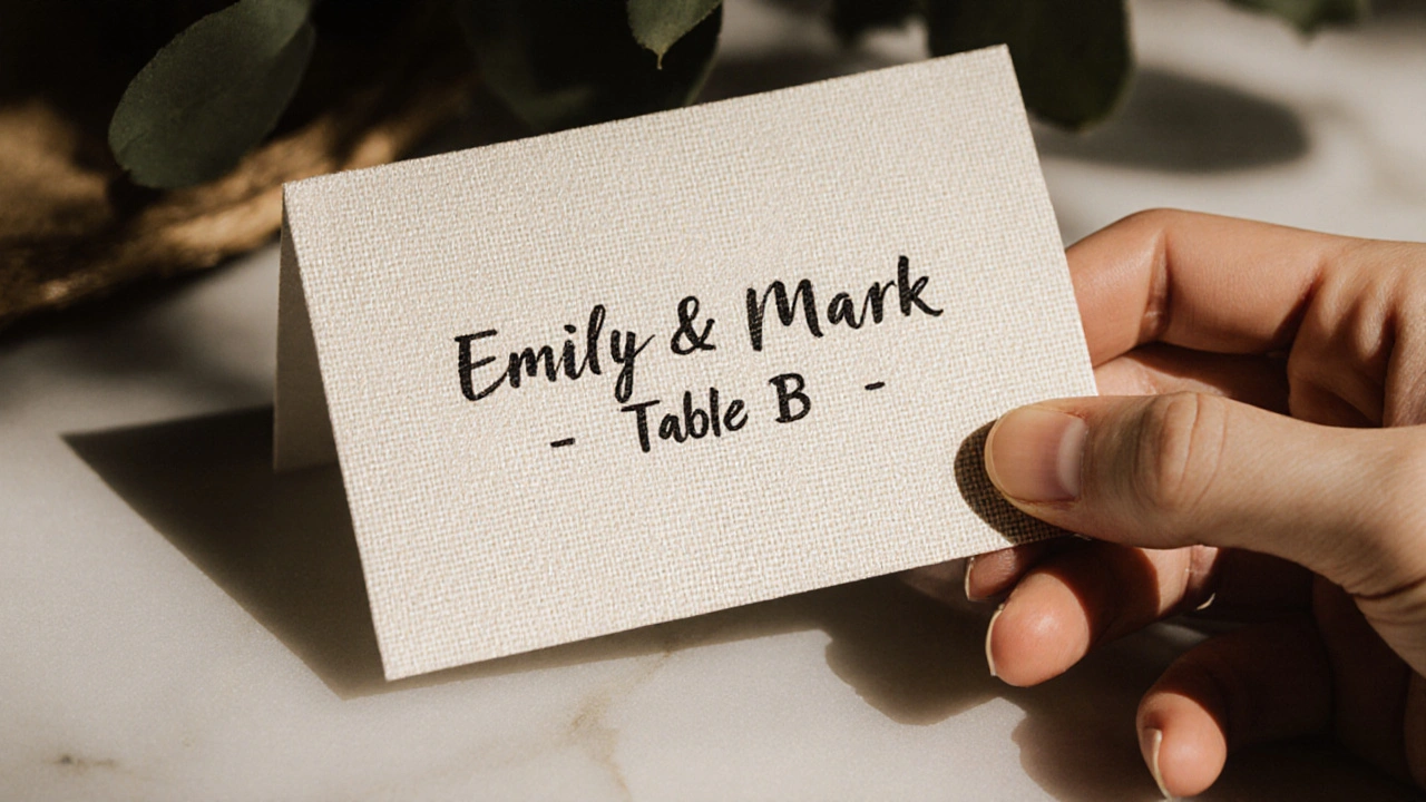 Close-up of a linen-textured escort card with clear name and table letter in dark ink.