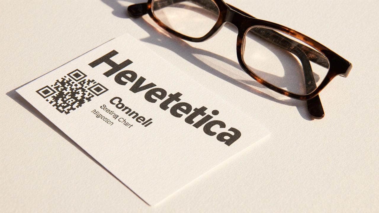 Close-up of an accessible escort card with large bold font and QR code on matte paper, glasses beside it.