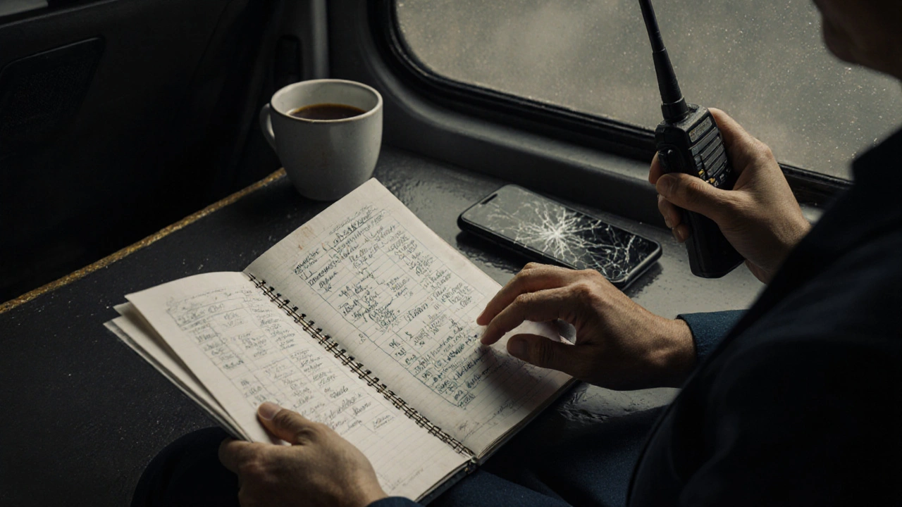 Close-up of tour escort&#039;s hands holding walkie-talkie and handwritten schedule notebook.