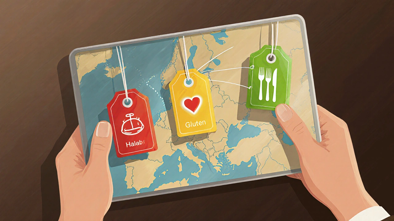 Color-coded dietary safety tags displayed on a tour guide&#039;s tablet.