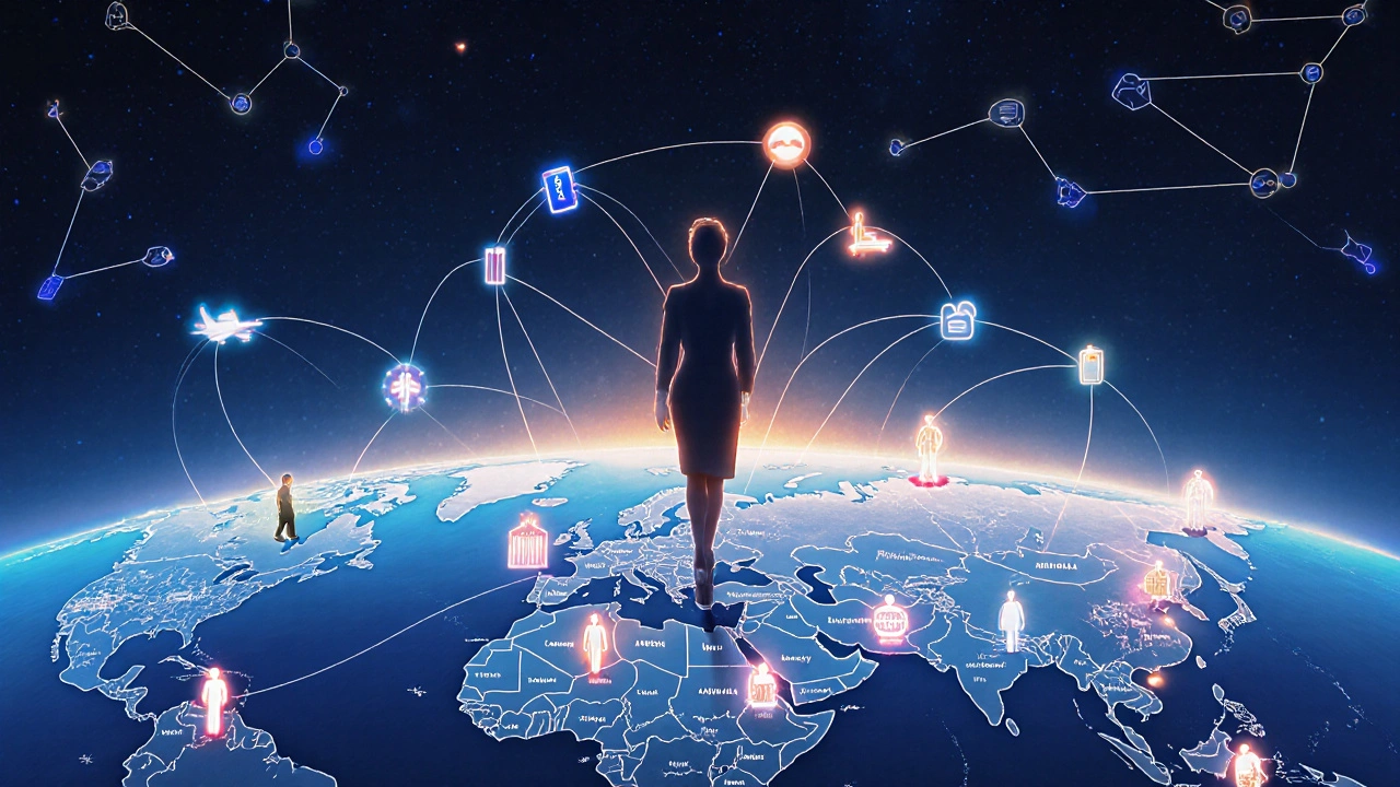 Conceptual map showing a tour escort connected by glowing threads to global travel destinations and group members.