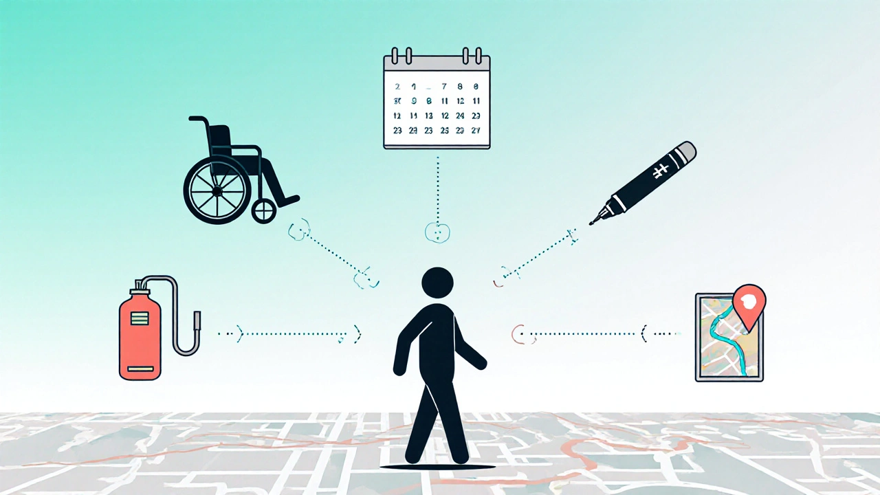 Conceptual network of medical icons connected to an escort figure representing coordinated care