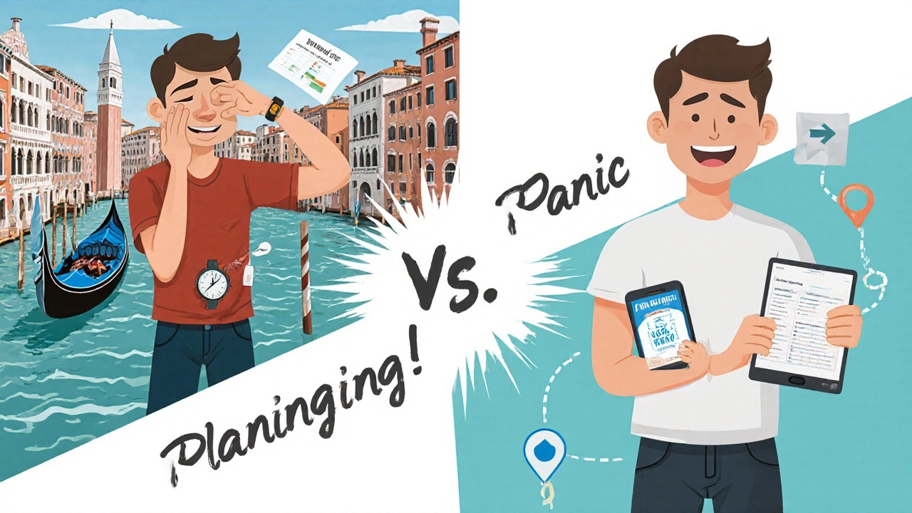 Contrast between a lost traveler in Venice and a prepared one with a guide’s note.