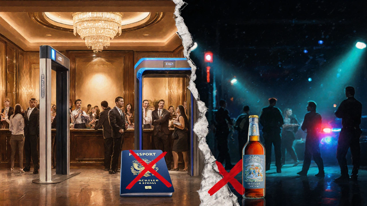 Contrasting scene: legal hotel nightclub on left, hidden illegal party on right with police sirens and forbidden alcohol.