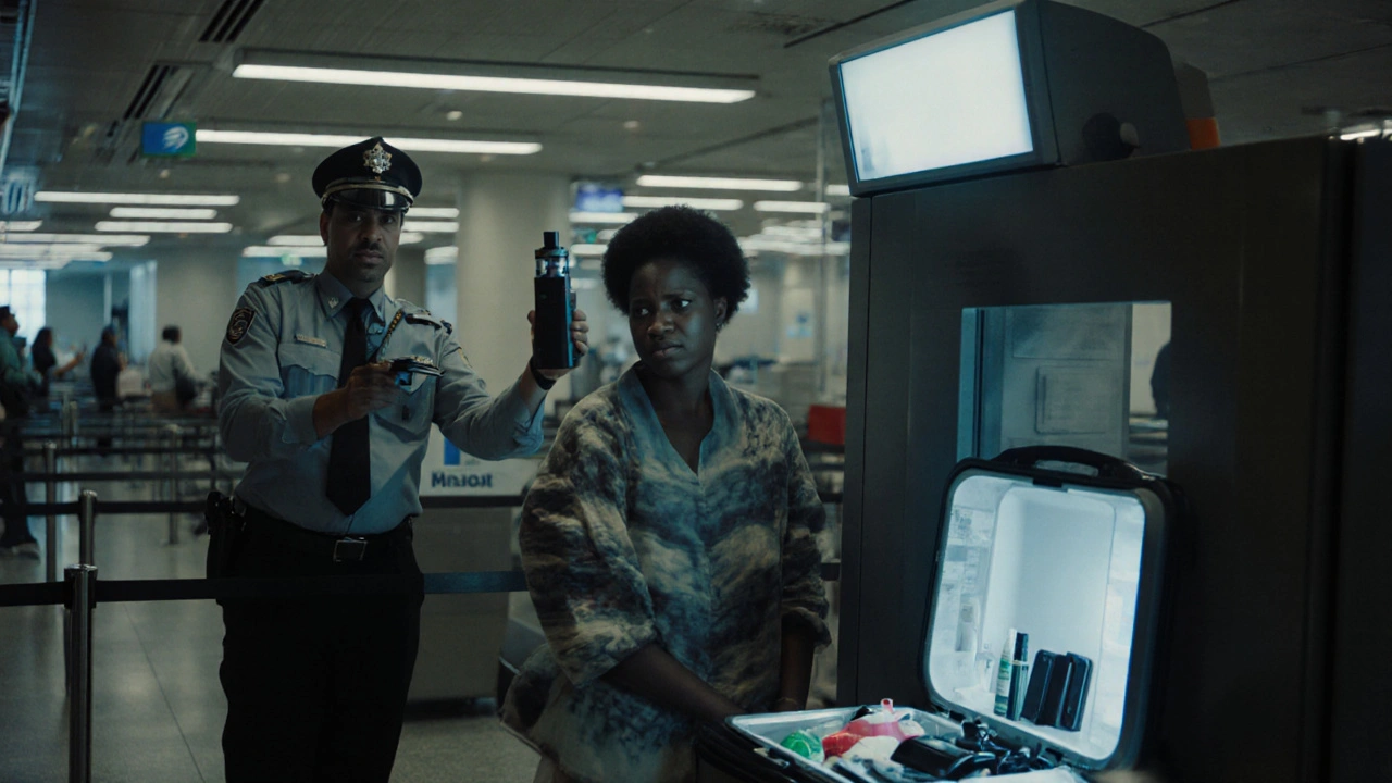 Customs officer confiscating a vape device at Dubai Airport.