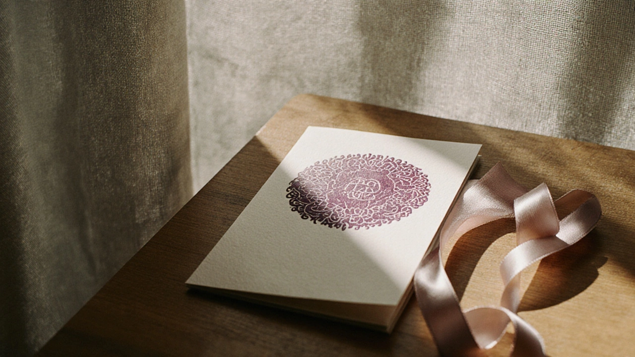 Deep plum letterpress card on cotton paper with raw silk ribbon nearby.
