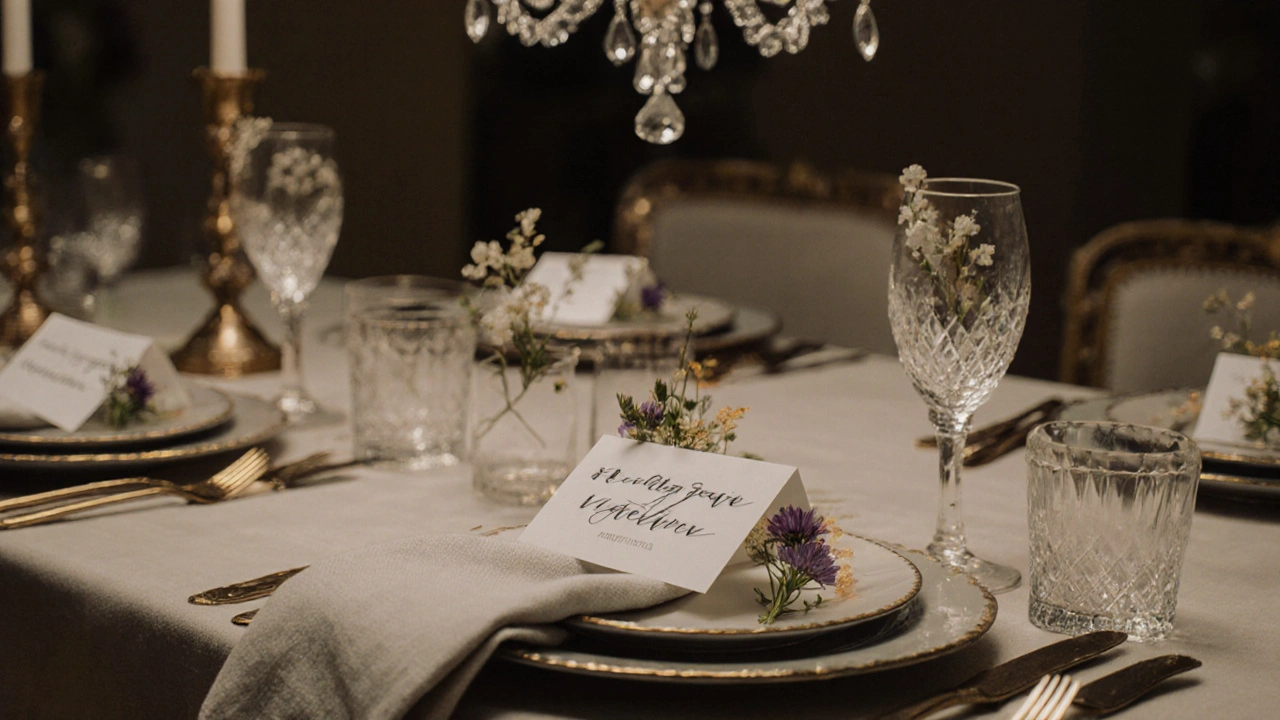 Delicate calligraphed place cards with pressed flowers at a formal dining table setting.