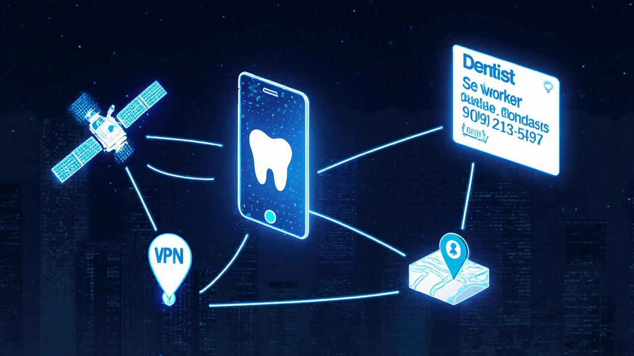Digital network of safety tools—VPN, hotline, GPS—connected by light trails in darkness.