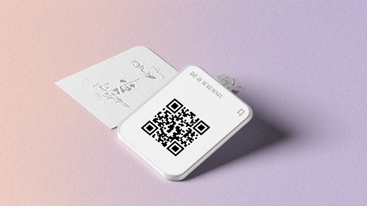 Digital-printed gradient escort card with QR code and embossed border on textured paper.