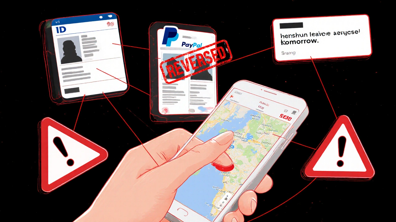 Digital red flags including fake IDs, payment scams, and duplicated profile photos floating in darkness.