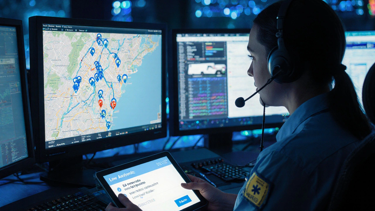 Dispatch center screen displays live GPS tracking and vital signs alerts for medical transport vehicles.