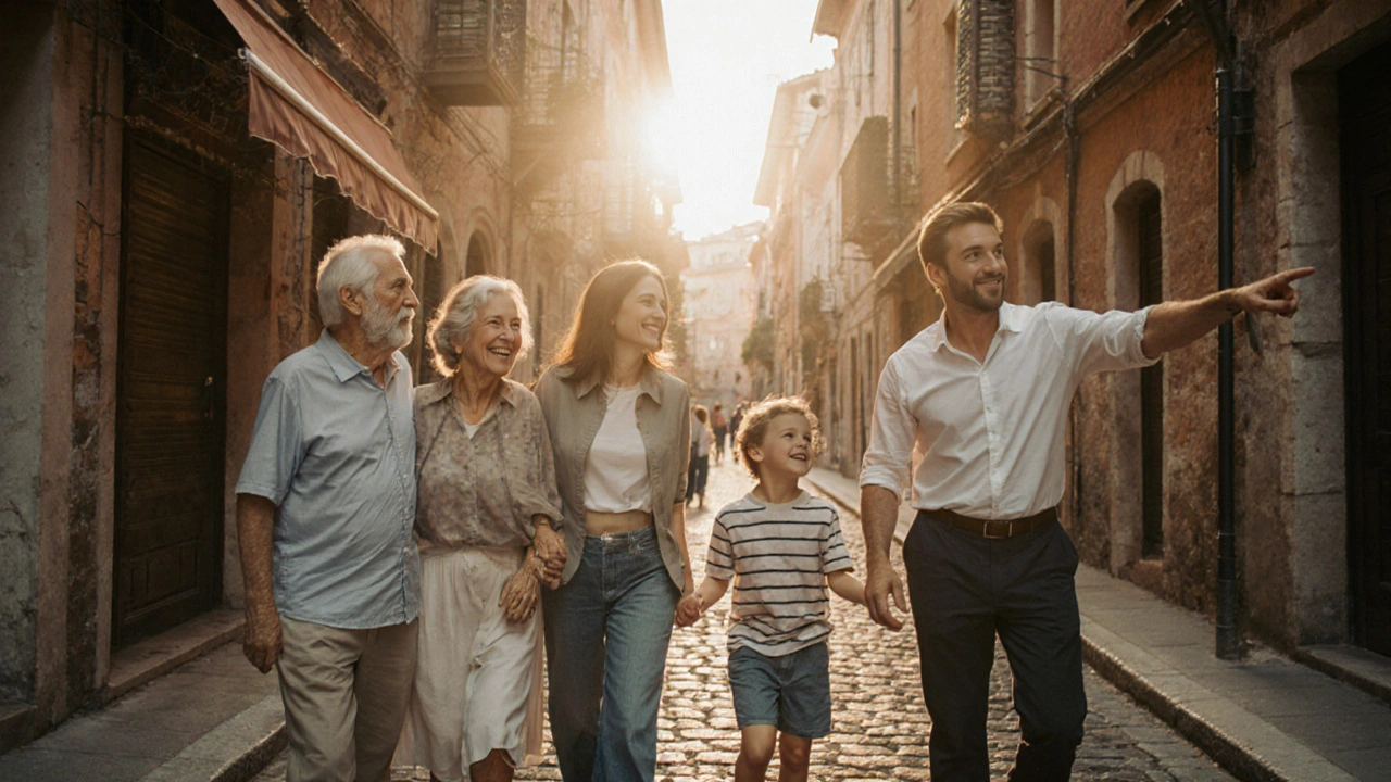 Diverse group of travelers walking with a calm guide along a cobblestone alley under warm afternoon light.