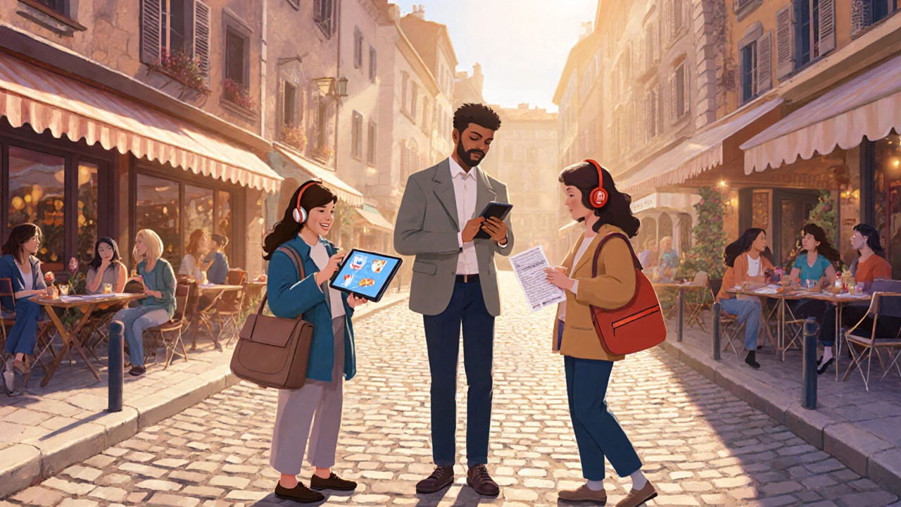 Diverse group on a guided tour, one using a communication tablet, another with hearing loop headphones.