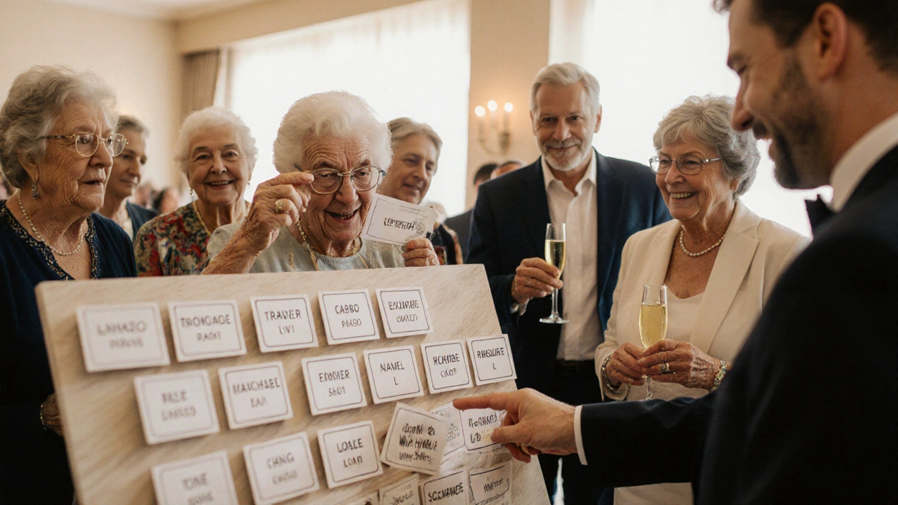 Diverse guests examining escort cards with an usher helping, high-contrast text visible in soft light.