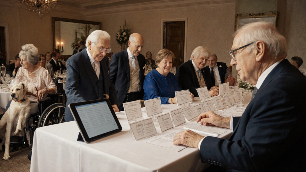 Diverse guests finding their seats easily at a wedding with accessible escort cards and digital backup.