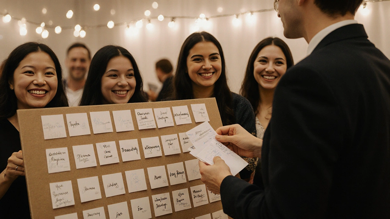 Diverse guests receiving escort cards, including Alex Rivera and Dr. Lisa Nguyen, with attendant offering help.