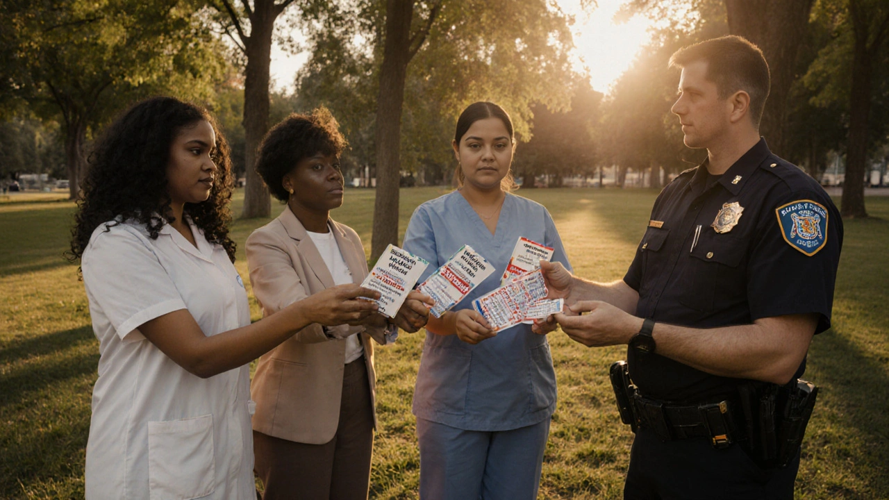 Diverse sex workers and allies exchange rights cards in a quiet park at dawn.