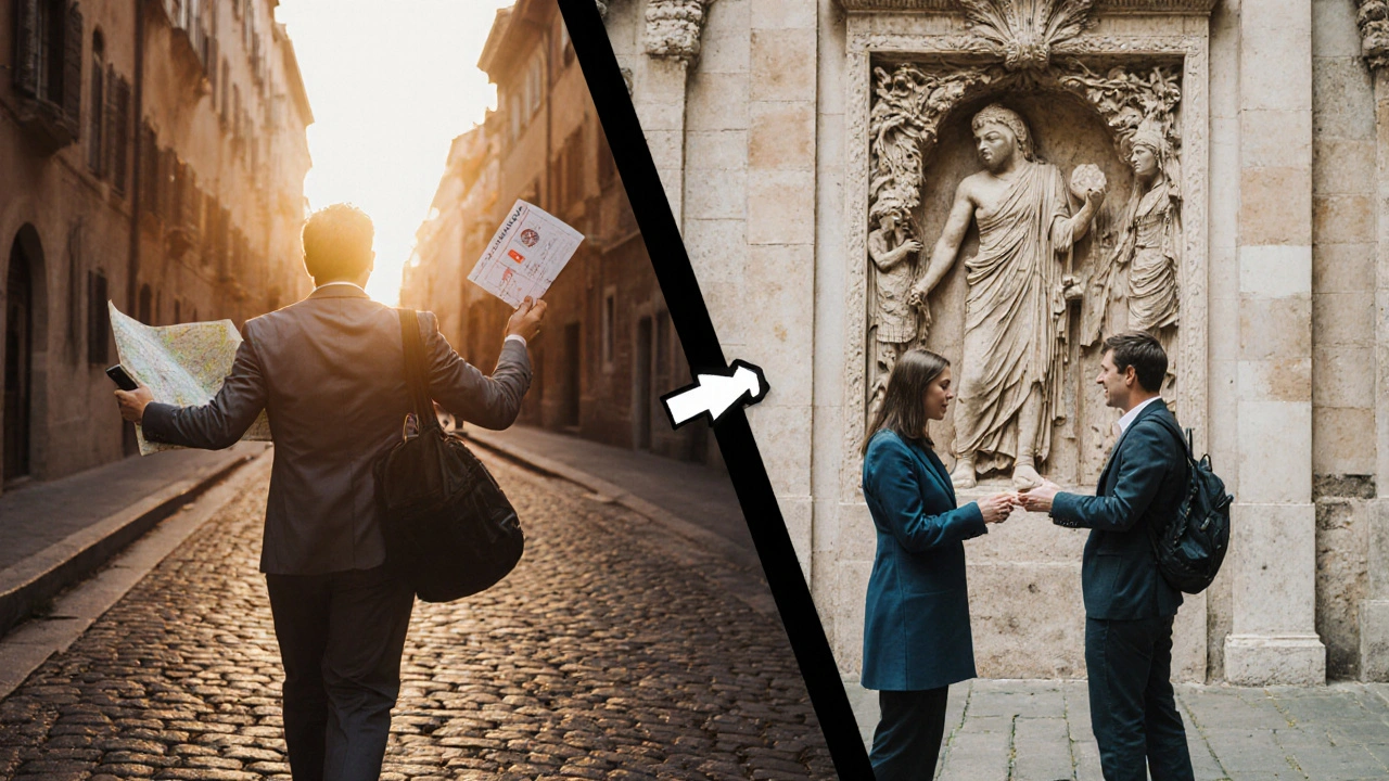 Dual scene: escort managing logistics vs guide sharing cultural knowledge.