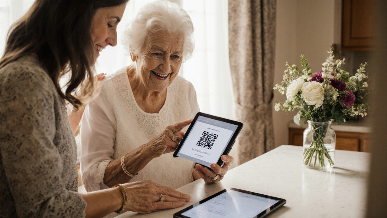 Elderly guest scanning a QR code on a wedding invitation with help from a younger family member.