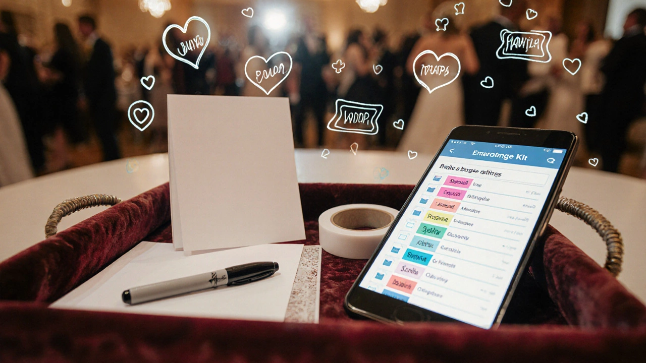 Emergency wedding kit with blank cards, marker, and tape on a velvet tray.