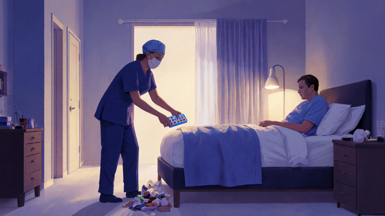 Escort assisting a patient at home by organizing meds and clearing a safe path.