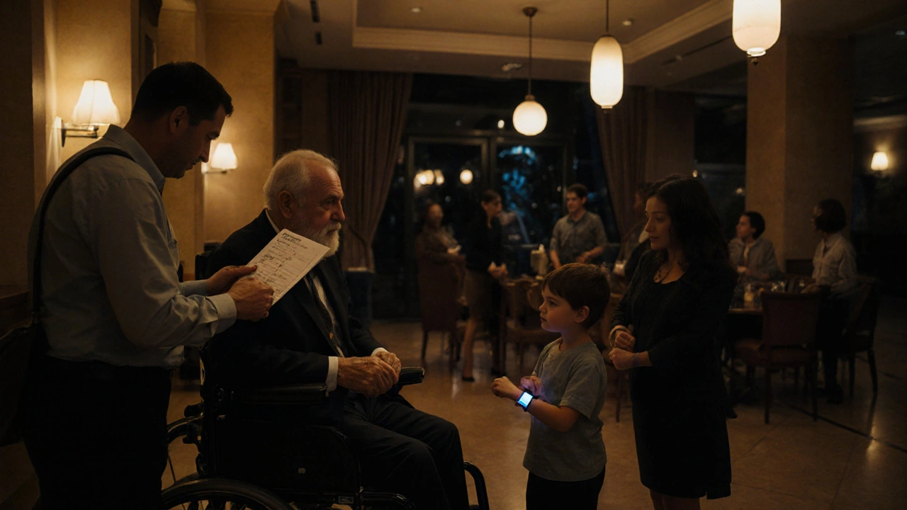 Escort checking in travelers at a hotel lobby, family liaison assisting child and senior.