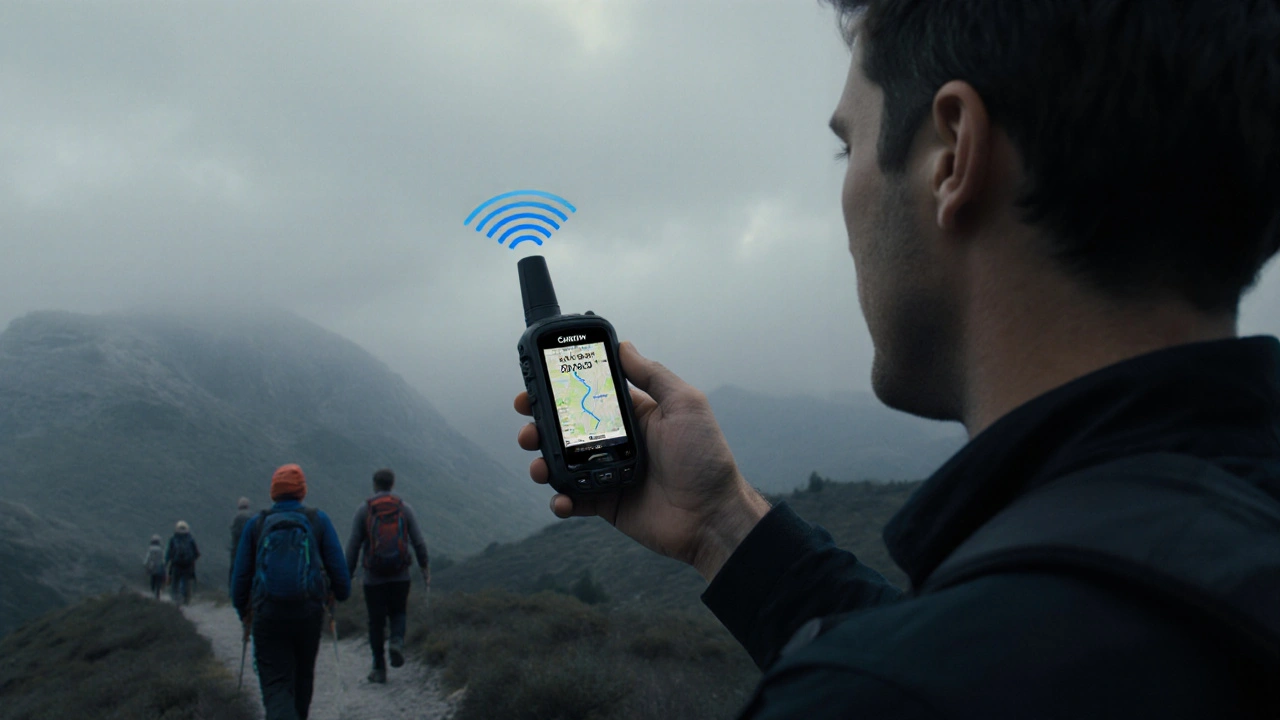 Escort using satellite device on a mountain trail, signal glowing above misty terrain.