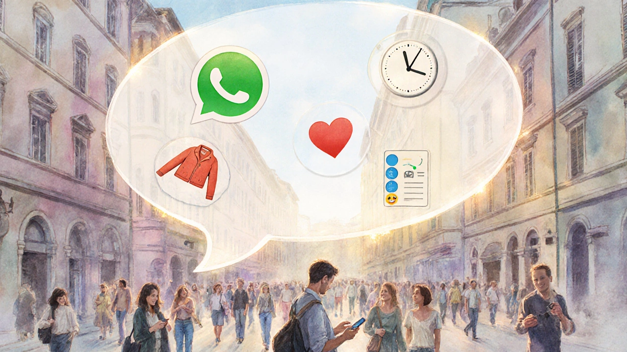 Floating WhatsApp chat bubbles above a street showing real-time tour updates like temperature and time.