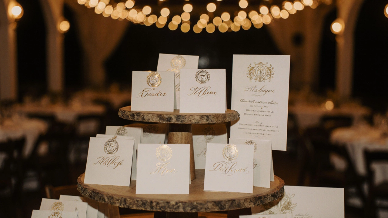 Folded escort cards on a wooden stand, gold foil monogram visible, soft reception lighting, one card slightly open to reveal interior text.