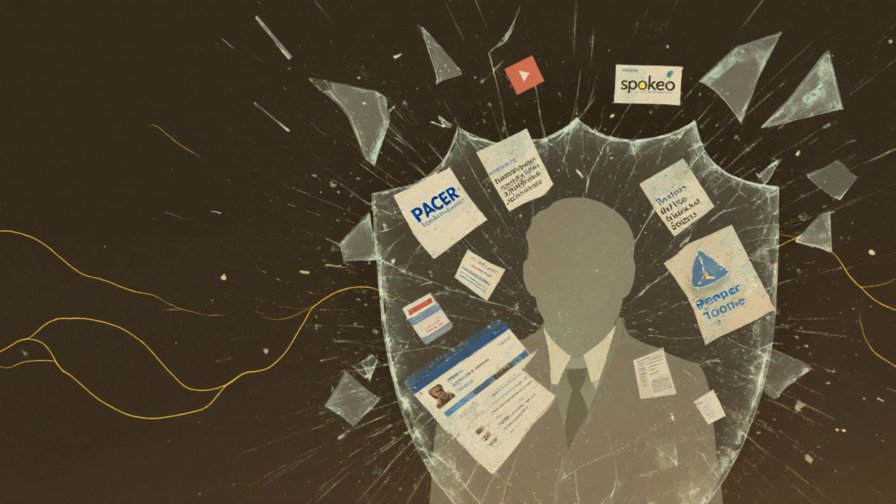 Glass shield breaking around a person, releasing personal data fragments into the air.