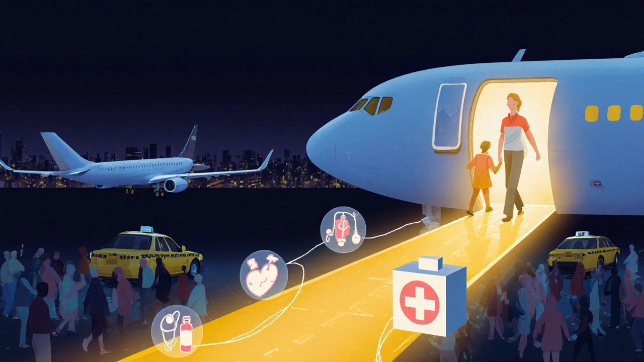 Golden pathway symbolizing safe medical transport from airport to hospital, with medical icons and nurse beside patient.