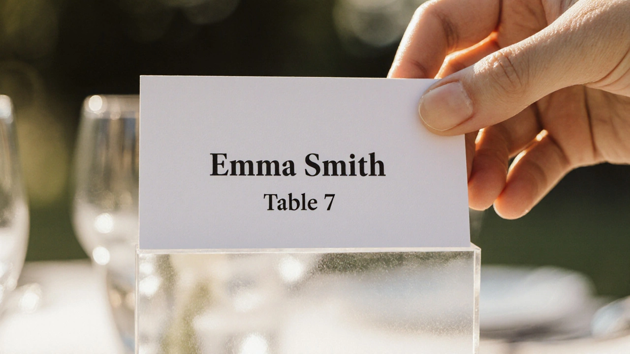Guest&#039;s hand picking up a clearly labeled escort card at an outdoor wedding with blurred reception in background.