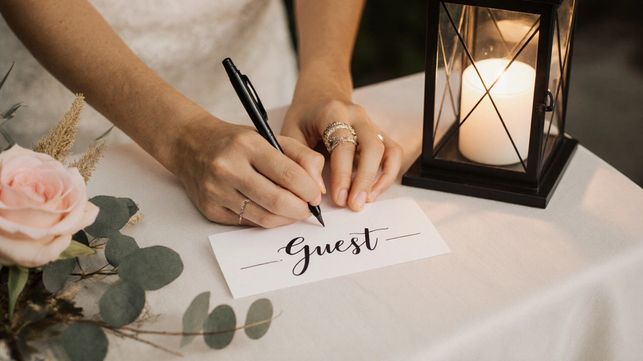 Guest writing their name on an escort card beside &#039;Guest&#039;, with pen, rose, and eucalyptus nearby.