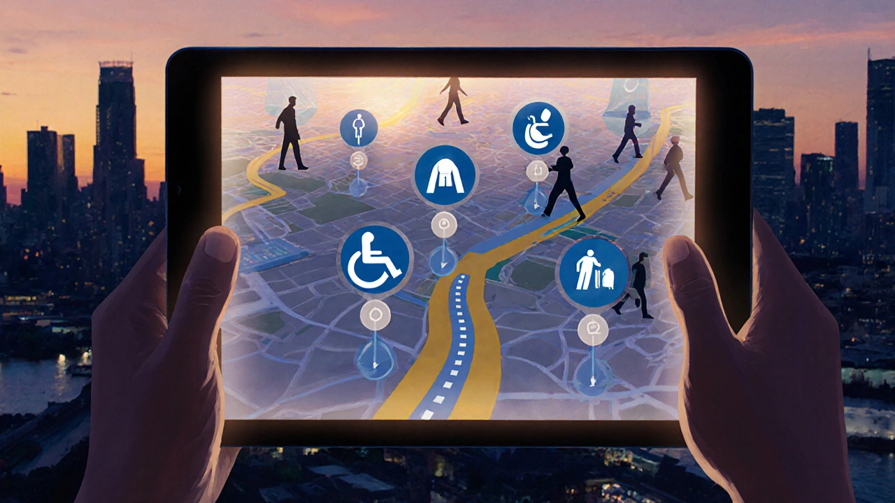 Guide’s tablet displays real-time accessibility icons over a city map at dusk, showing adaptive routes.