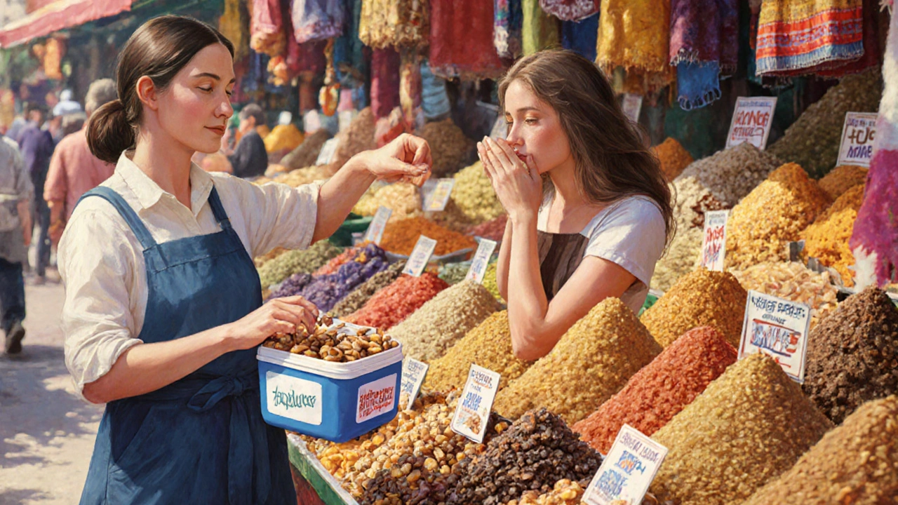 Guide selecting safe snacks at a street market for a traveler with nut allergies.
