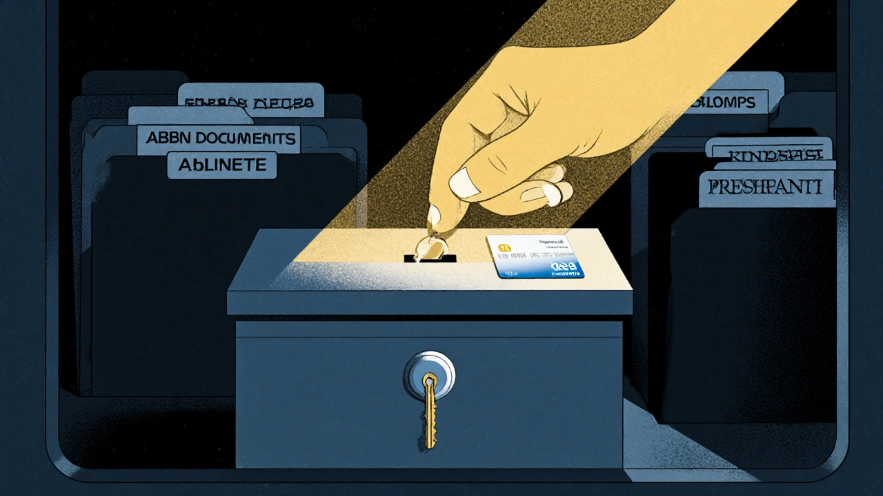 Hand placing a key into a safety deposit box filled with financial documents and a prepaid card.