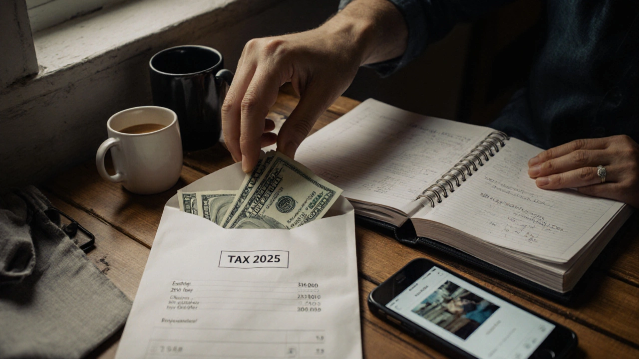 Hand placing cash into a labeled envelope with digital receipt visible on phone.