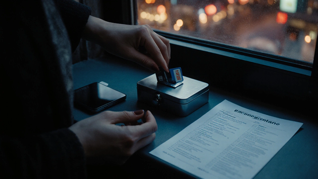 Hand placing prepaid card into locked box with burner phone and emergency contacts on windowsill.